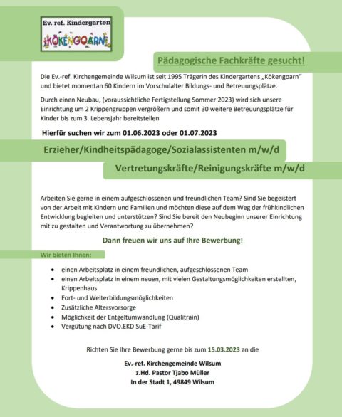Stellenanzeige - Kindergarten Wilsum - Gemeinde Wilsum in der