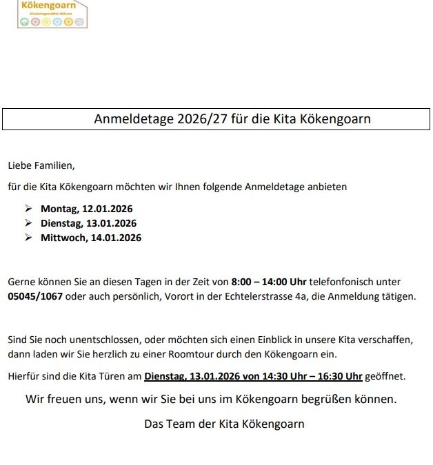Anmeldetage der Kita Wilsum für 2026 / 2027