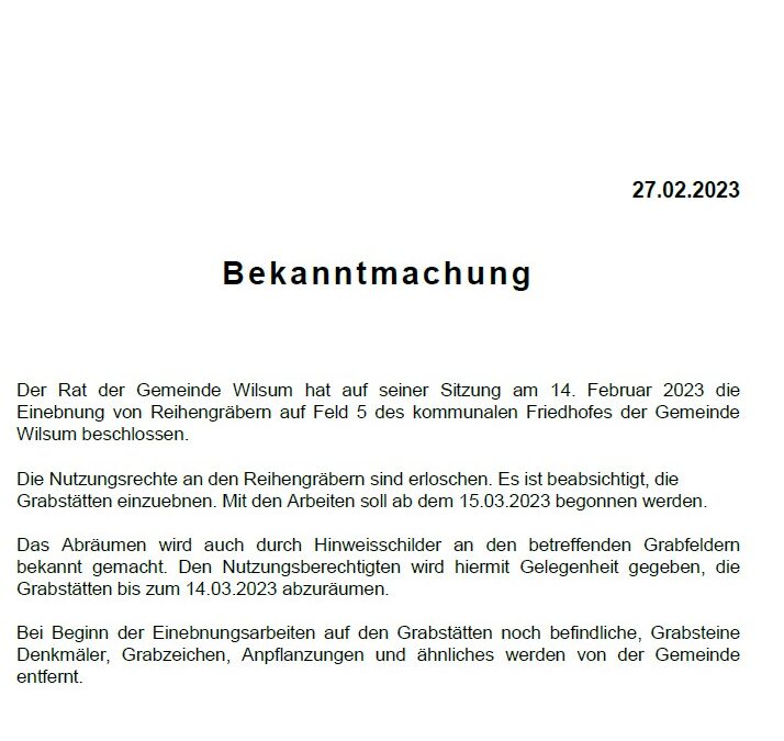 Bekanntmachung – Abräumung Feld 5