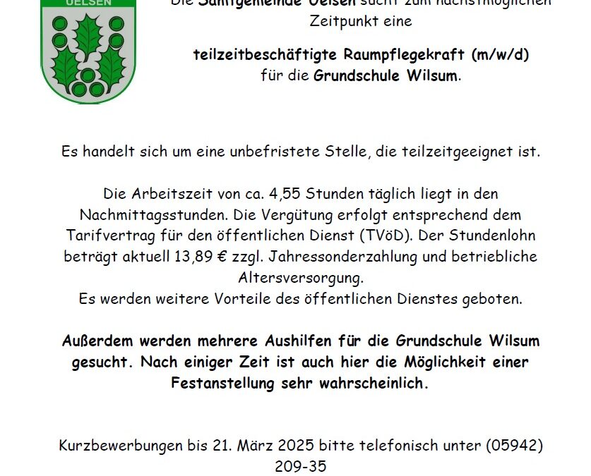 Raumpflegekraft für die Grundschule Wilsum gesucht!
