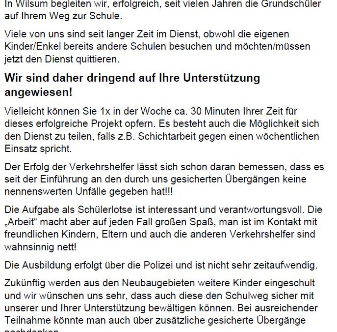 Verkehrshelfer für Wilsum gesucht!