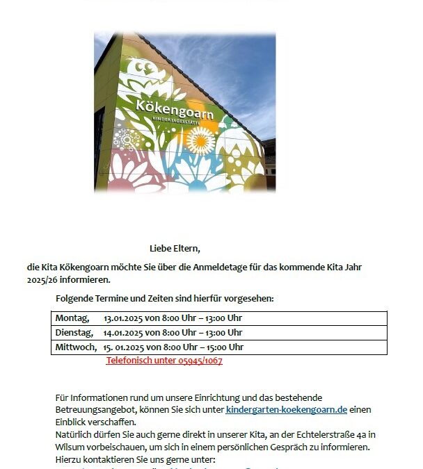 Neuanmeldungen für das Kita Jahr 2025/26
