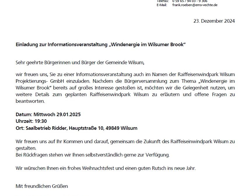 Einladung zur Informationsveranstaltung „Windenergie im Wilsumer Brook“